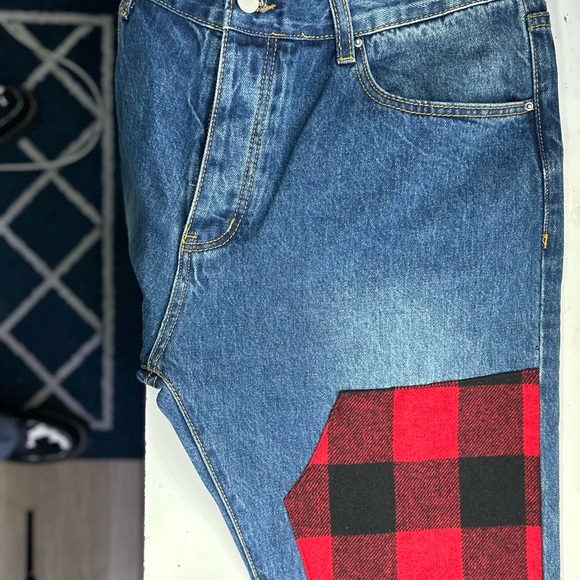 [NWOT] MNML Mens Medium Blue Red Plaid Patchwork Denim Jeans Size 36 - Picture 10 of 10